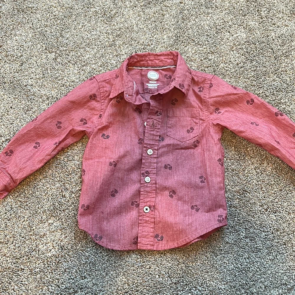 Boys Red button up shirt with truck designs